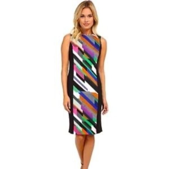 Calvin Klein Black Multi-Color Scuba Stretch Sheath Dress Size 12 Office Career‎ - Picture 1 of 7